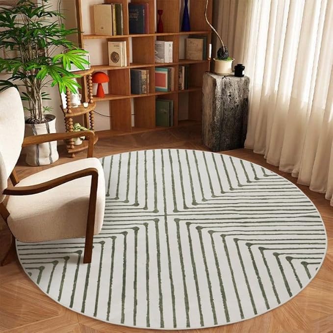 GLN Rugs Contemporary Collection - Machine Washable Area Rug, Contemporary Washable, Non Slip, Low Pile Chenille Rug, Living Room, Bedroom, Kitchen Rug (5'3" Round Green Beige)