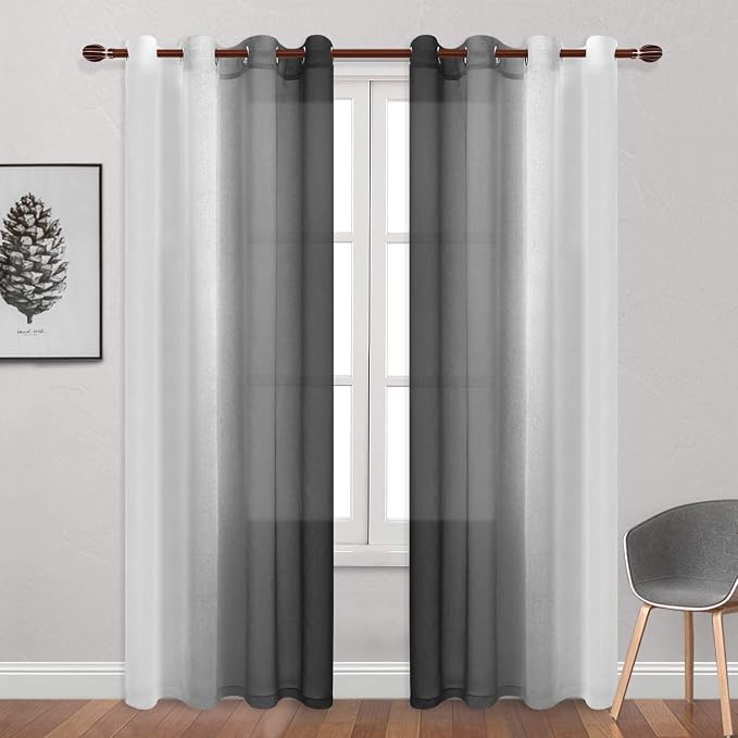 DWCN Black Ombre Faux Linen Sheer Curtains - Extra Long Gradient Semi Voile Light Filtering Grommet Top Bedroom and Living Room Curtains, 52 x 102 Inches Long, Set of 2 Window Curtain Panels