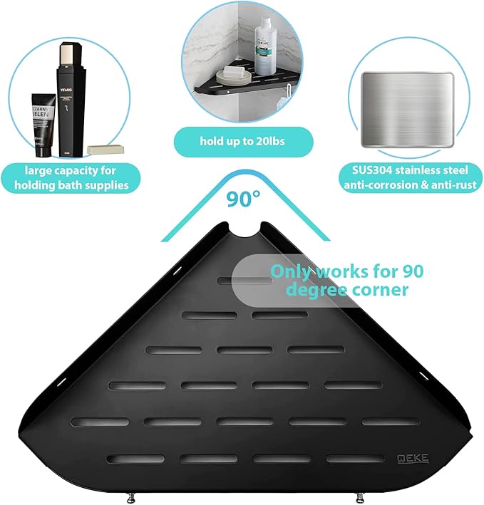 Qeke Bathroom Corner Shelf, 9" Shower Shelf Caddy, SUS304 Stainless Steel Shelf Wall Mount Corner Shelf with 2 Hooks, Matte Black