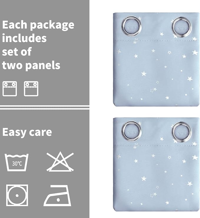 BGment Star Room Darkening Curtains for Kids Bedroom - Grommet Thermal Insulated Silver Star Print Kids Curtains for Living Room, Set of 2 Panels, Baby Blue, 52 x 95 Inch