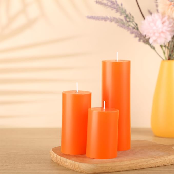 Shihanee Set of 3 Pillar Candles and 3 Glass Cylinder Candle Vases Holders Clear Pillar Jars for Wedding Centerpieces(2.6'' X 4.7'', 5.9'', 7.9'',Orange)