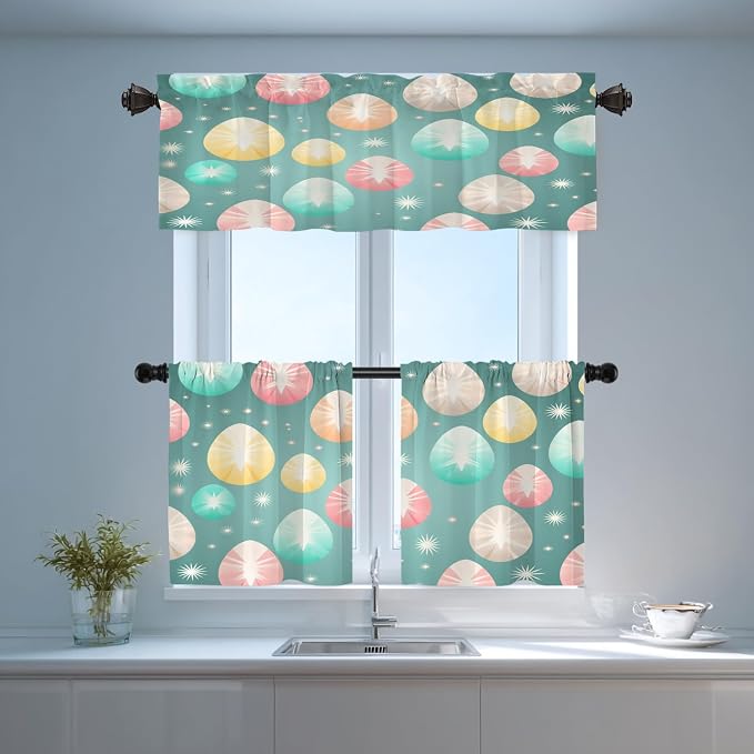 Shrahala Easter Eggs Stars Blackout Short Curtains for Windows, Colorful Easter Egg Pattern Kitchen Valance Thermal Insulated Rod Pocket Window Treatment for Bathroom 52 X 18 in