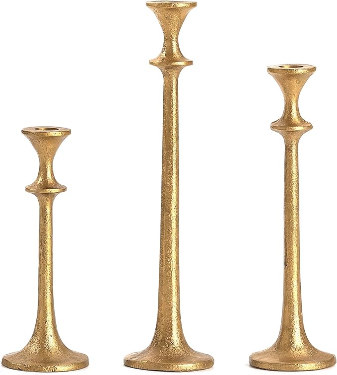 Gold Taper Candle Holders Set of 3, Heavy Candlestick Holders Decorative Candle Stand for Table Centerpiece, Cast Iron Candle Stick Holder Decor