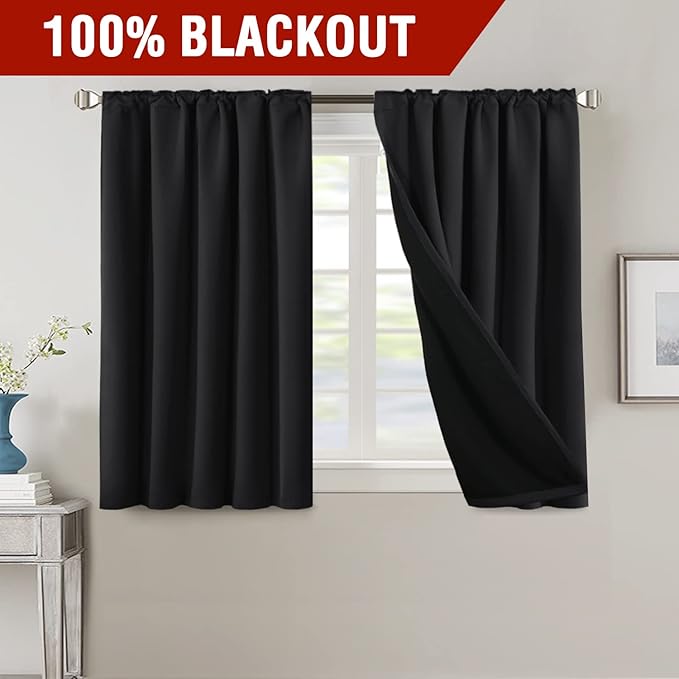 H.VERSAILTEX 100% Blackout Curtains for Bedroom with Black Liner Full Room Darkening Curtains 54 Inches Long Thermal Insulated Back Tab/Rod Pocket Window Drapes for Living Room, 2 Panels, Jet Black