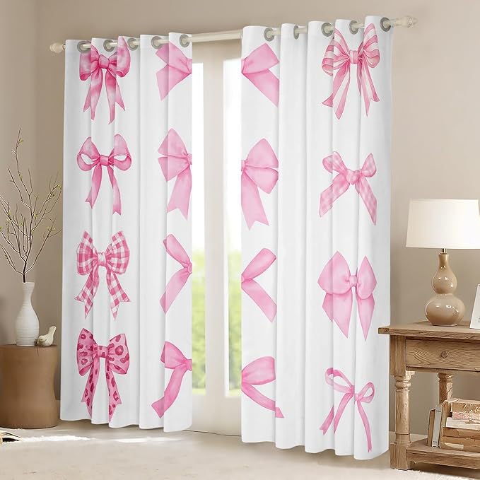 Erosebridal Pink Bows Window Treatments 52" Wx63 L,Kids Girls Kawaii Bow Window Curtain Cute Girly Bowknot Curtain Watercolor Bow 30%-50% Blackout Curtains for Bedroom