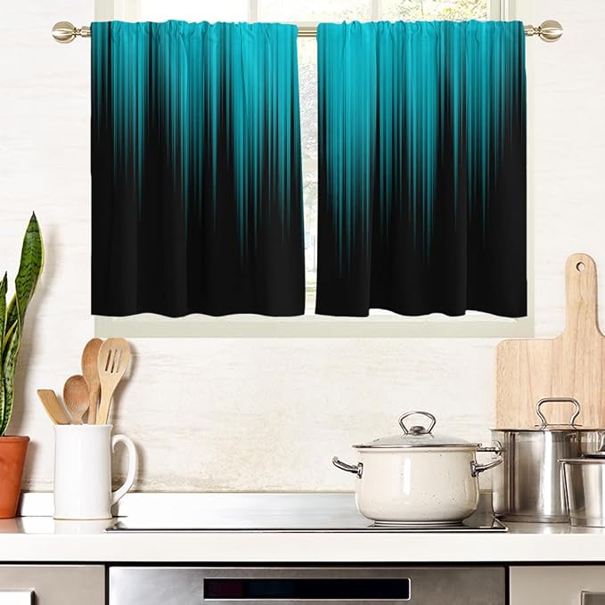AAtter Teal and Black Kitchen Curtains, Ombre 27.5" W x 36" L, 2 Panels | Turquoise Modern Rod Pocket Bathroom Window Drapes, Dark Abstract Striped Style, Cool Anime Design, Aqua Small Short Tiers