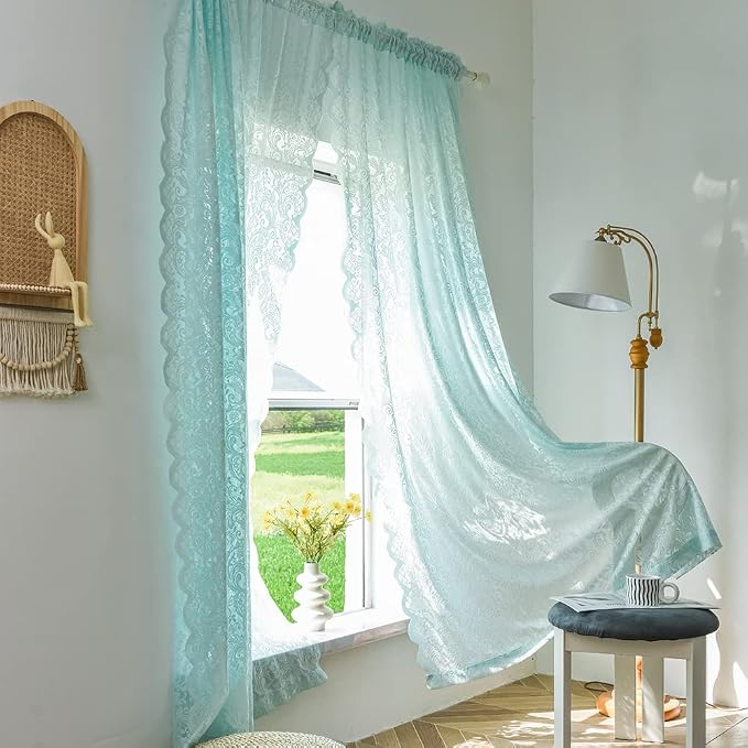 ALIGOGO Mint Coastal Curtains for Living Room Lace Sheer Curtains 96 inches Long Seafoam Curtain for Baby Girl Bedroom Ocean Coastal Beach Summer Decor 52 W x 96 L, 1 Pair, Aqua