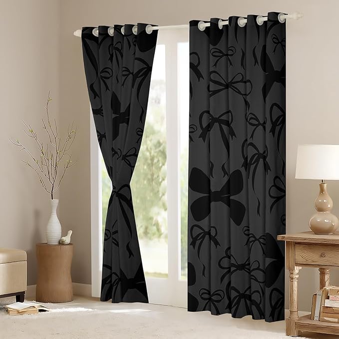 Feelyou Cute Bowknot Room Darkening Blackout Curtain Boys Girls (2 Panels, 52 x 90 Inch) Bow Curtains for Bedroom Living Room Girls Bow Blackout Curtains Kawaii Window Treatments