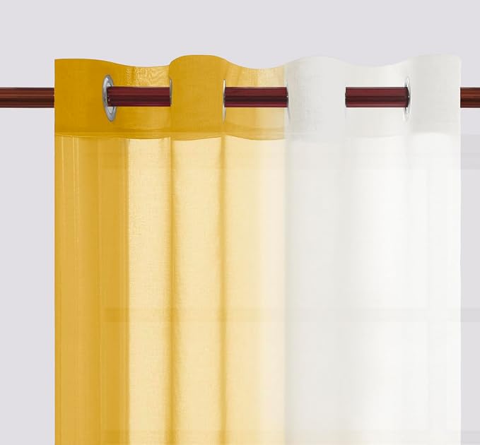 DWCN Ombre Short Sheer Curtains - Faux Linen Semi Voile Gradient Light-Filtering Bedroom and Living Room Curtains, Set of 2 Grommet Top Window Drape Panels, 52 x 54 Inch Length, Mustard Yellow