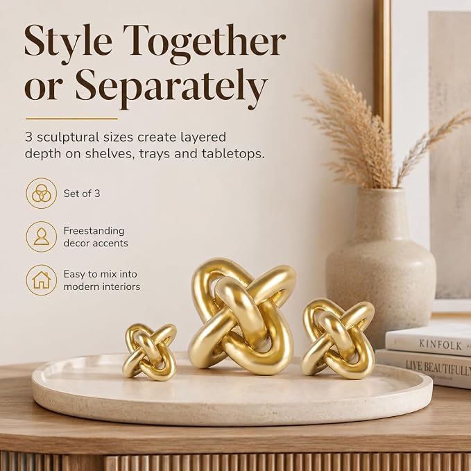 Gold Knot Decor for Coffee Table Book,Chain Link Living Room Decor Item for Bookshelf Entryway Nightstand TV Stand,Minimalist Knot Sculpture for Home Living Room,Centerpiece Table Decorations (Gold)