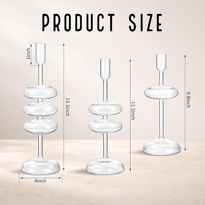 LemonRoad Glass Taper Candle Holders Set of 3, Bubble Candlestick Holders for Table Centerpiece, Elegant Wavy Stacked Geometric Candleholders for Wedding, Dinner, Party, Home Decor(Clear)