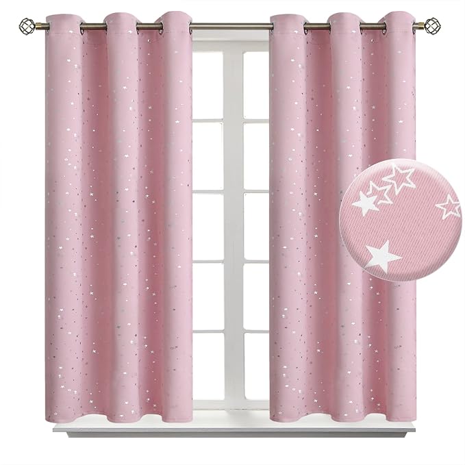 BGment Kids Blackout Curtains for Bedroom - Grommet Thermal Insulated Silver Star Print Room Darkening Curtains for Kids Room, Set of 2 Panels, 38 x 54 Inch, Baby Pink