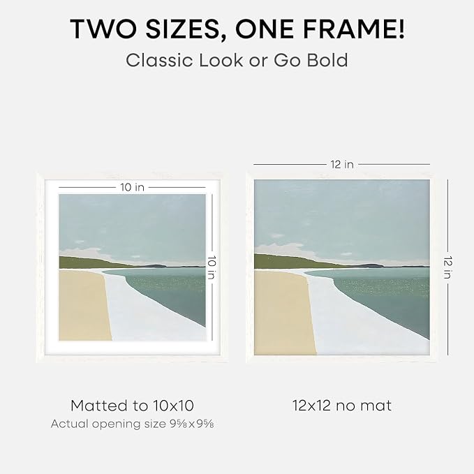 Homeforia 12x12 White Frame Wood, High End Oak 12 x 12 Square Picture Frames with Mat 10 by 10 inches Photo, 12by12 White Wooden Poster Frames Matted to 10x10 Print, Tempered Glass, Wall Kit, Set of 3