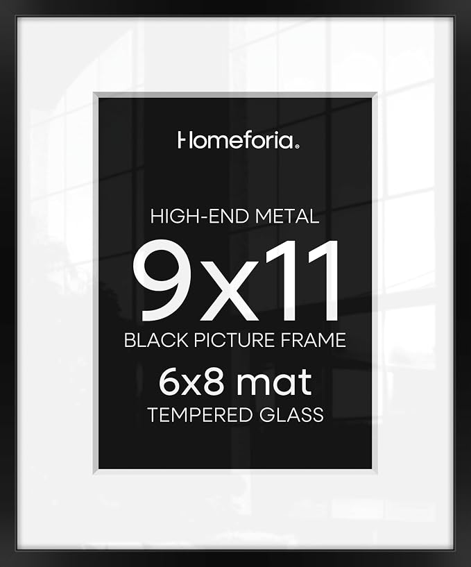 Homeforia 9x11 Picture Frame Black, High End Metal 9 x 11 Poster Frames with Mat 6 by 8 inch Photo, 9by11 Frame Matted to 6x8 in Print, 11x9 Wall or Tabletop Frames, Tempered Glass, Wall Kit, Set of 1