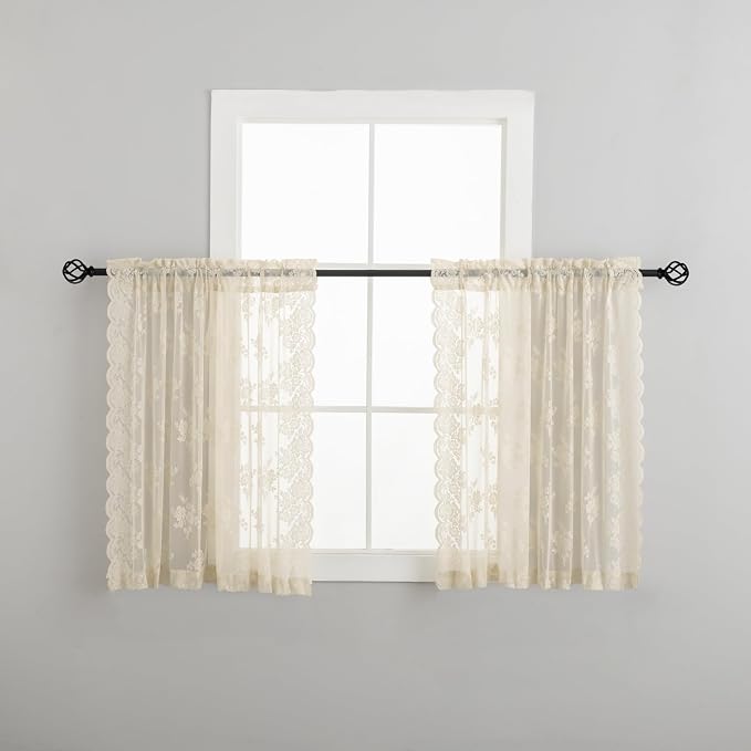 Kotile Beige Lace Curtains 45 Inch Length 2 Panels Rusitc Floral Retro Short Lace Curtains for Kitchen Windows, Rod Pocket Privacy Sheer Cafe Curtain for Cabinet Bathroom Window, 42 x 45 Inch