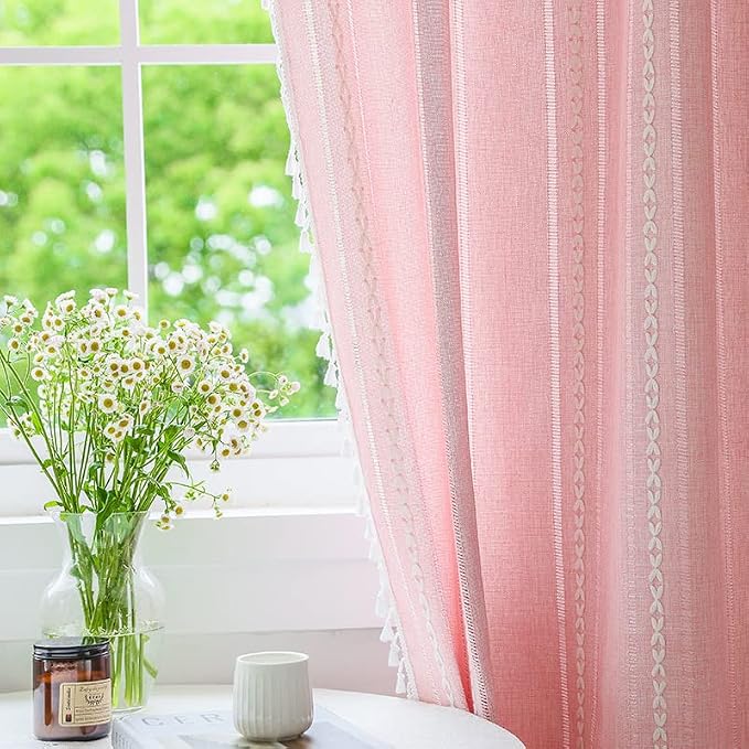 Linen Boho Pink Embroidered Curtains for Girls Bedroom & Nursery - 84" Long, 2 Panels, Light Filtering Farmhouse Drapes (52" W x 84" L)