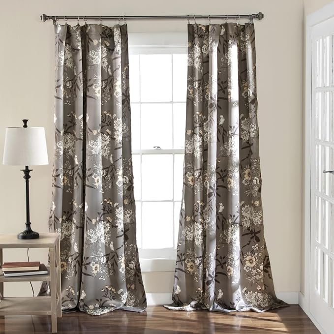 Lush Decor Botanical Garden Curtains Floral Bird Print Light Filtering Window Panel Drapes Set for Living, Dining, Bedroom (Pair), Navy, 52"W x 63L"