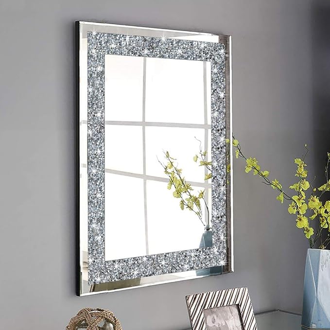 QMDECOR Crystal Crush Diamond Rectangle Silver Mirror for Wall Decoration 20x28inch Wall Hang Frameless Mirror Glass Diamond Decor.