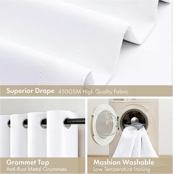 MIULEE White 100% Blackout Curtains for Bedroom 45 Inch Length, 2 Thick Layers Thermal Insulated Short Window Curtains with Black Liner, Noise Reducing Grommet Kitchen Living Room Drapes 2 Panels Set