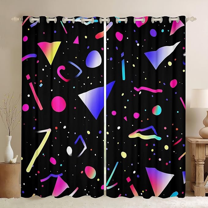 Feelyou 80s 90s Memphis Curtains for Bedroom Memphis Geometric Blackout Curtainsative Retro Fashion Style Darkening Dreapes Colorful Abstract Black Window Treatments (2 Panels, 42 x 63 Inch)