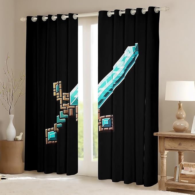 Castle Fairy Blue Sword Window Curtain,Pixelated Check Sword Living Room Decor Curtains,Sandbox Block Gaming Window Treatment Kids Boys Modern Black Games Theme Blackout Drapes 2 Panels,42Wx84L