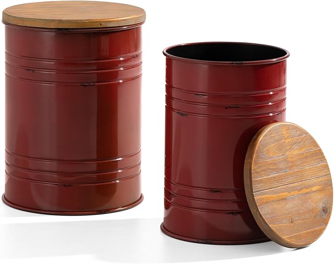 Glitzhome Rustic End Table Set of 2, Farmhouse Galvanized Metal Barrel Ottoman Storage Stool with Round Wood Lid for Living Room Furniture, Red
