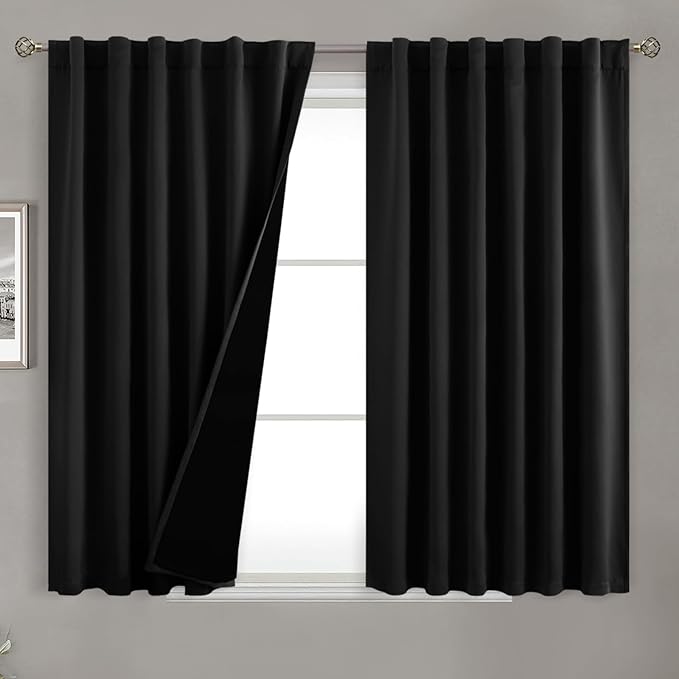 BGment Short Black Full Blackout Curtains with Liner Thermal Curtains 45 Inch Long, Rod Pocket and Back Tab Double Layer Black Out Privacy Curtains for Bedroom (52 x 45 Inch, 2 Panels)