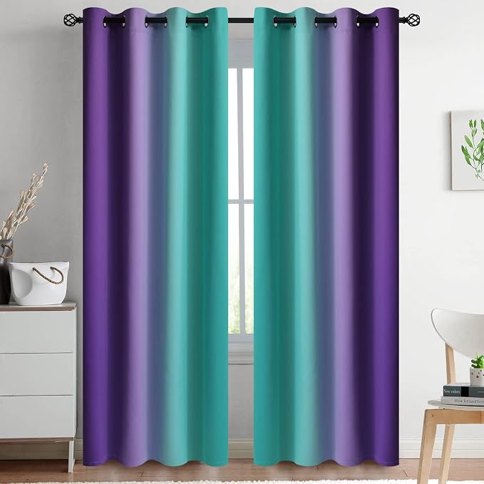 Yakamok Ombre Teal and Purple Curtains for Bedroom, Gradient Room Darkening Curtains 84 inches long,Grommet Thermal Insulated Light Blocking Window Drapes/Curtain for Living Room,52 x 84 Inch,2 Panels