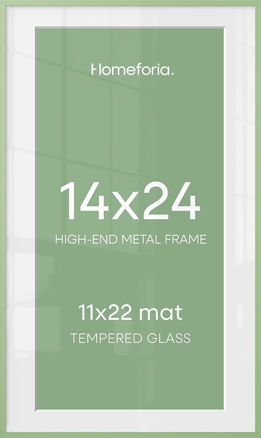 Homeforia 14x24 Picture Frame Sage Green, High End Metal 14x24 Poster Frames with Mat 11x22 Photo, 14 x 24 Sage Green Frame Matted to 11 by 22 Art, 24x14 Thin Frame, Tempered Glass, Wall Kit, Set of 2
