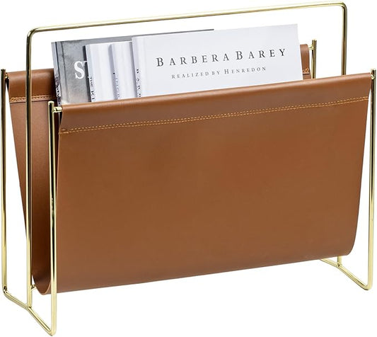 MyGift Magazine Holder Magazine Rack Floor 15-Inch Modern Brown Leatherette & Brass Plated Metal Floor Standing Faux Leather Sling Style Newspaper Rack for Home, Bathroom, Office Decor