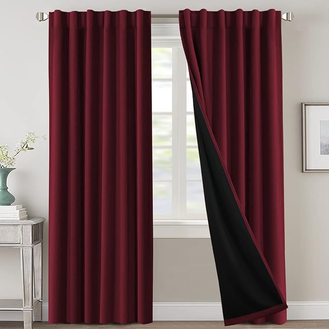 H.VERSAILTEX 100% Blackout Curtains for Bedroom with Black Liner Full Room Darkening Curtains 96 Inches Long Thermal Insulated Back Tab/Rod Pocket Window Drapes for Living Room, 2 Panels, Burgundy