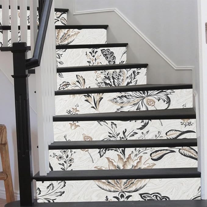 REDAMANCY Vintage White Grey Black Flower Paisley Peel and Stick Vinyl Stair Riser Decals Staircase Tile Stickers Decor Modern Marble Decoration Self-Adhesive(14 Pcs)