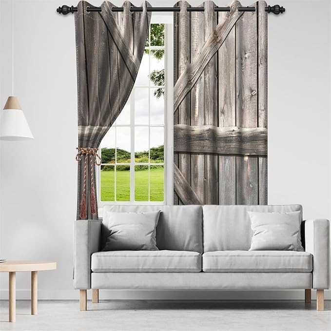 Rustic Barn Door Window Curtains Farmhouse Grey Wooden Door Garage Door Blackout Window Treatment for Living Room Bedroom Rural Farm Style Room Darkening Window Drapes,53x84 inch,2 Panels