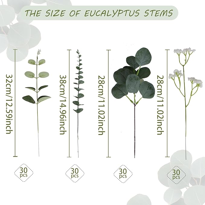 Coreland 120 Pcs 4 Kinds Mixed Eucalyptus Leaves Stems Bulk Artificial Silver Dollar Leaves Picks Dried Eucalyptus Bundle Faux Spray for Wedding Vase Bouquet Floral Arrangement
