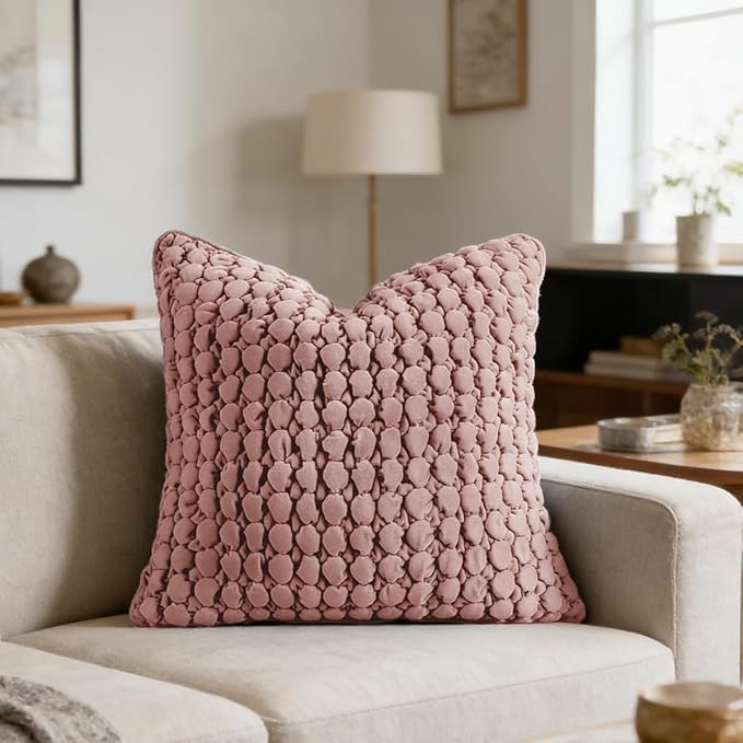 Pillow Cover 24x24 1 Piece Velvet Euro Sham Decorative Farmhouse Pillowcase Boho Square Cushion Covers Soft Bubble Texture for Couch Sofa Bed Bedroom Car Living Room，Pink