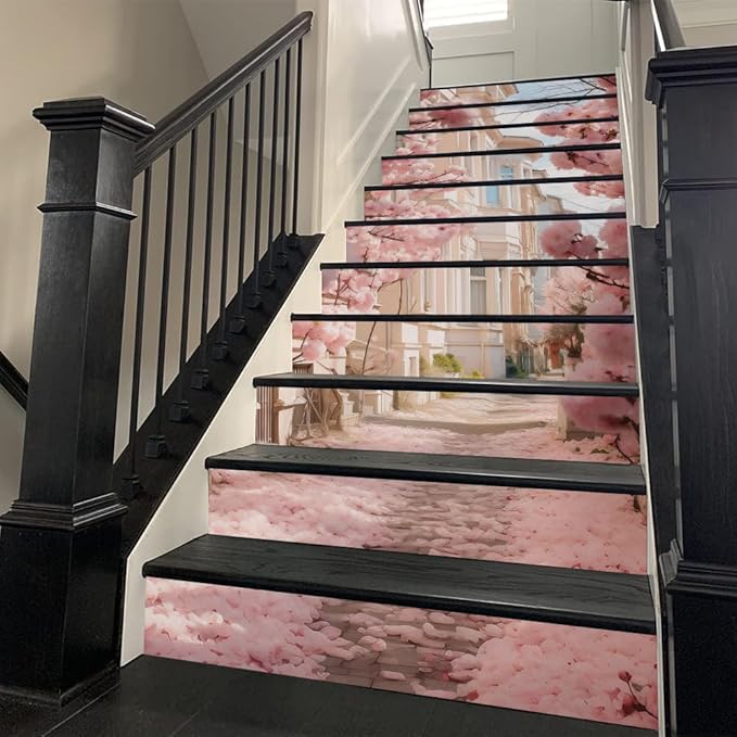 REDAMANCY Romantic Pink Cherry Flowers Lane Landscape Peel and Stick Vinyl Stair Riser Decals Staircase Tile Stickers Decor Modern Marble Decoration Self-Adhesive(14 Pcs)