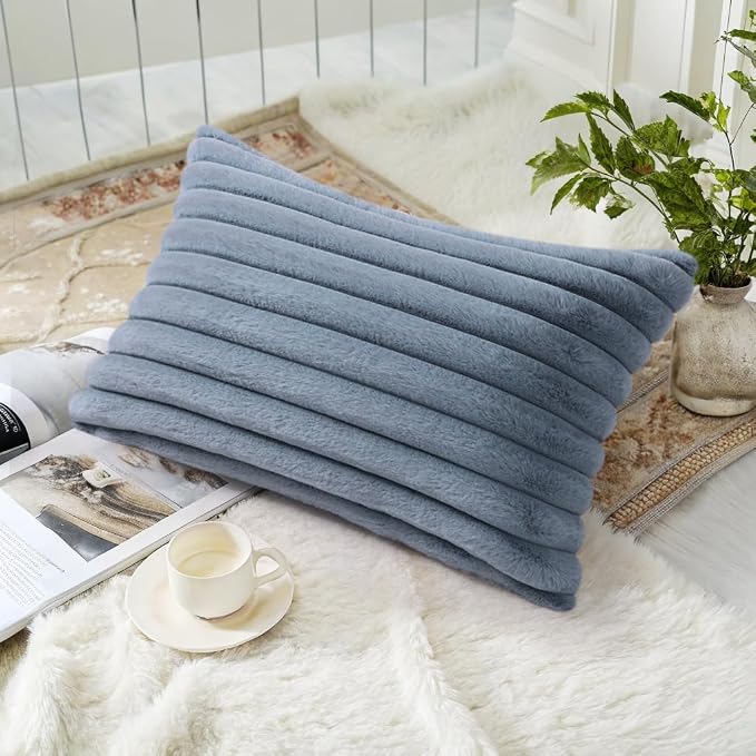 decorUhome Fall Cozy Faux Fur Throw Pillow Covers 12x20 Set of 2 Decorative Soft Plush Striped Lumbar Modern Farmhouse Boho Couch Pillow Cases with Velvet Back for Sofa Bed Living Room, Grey Blue