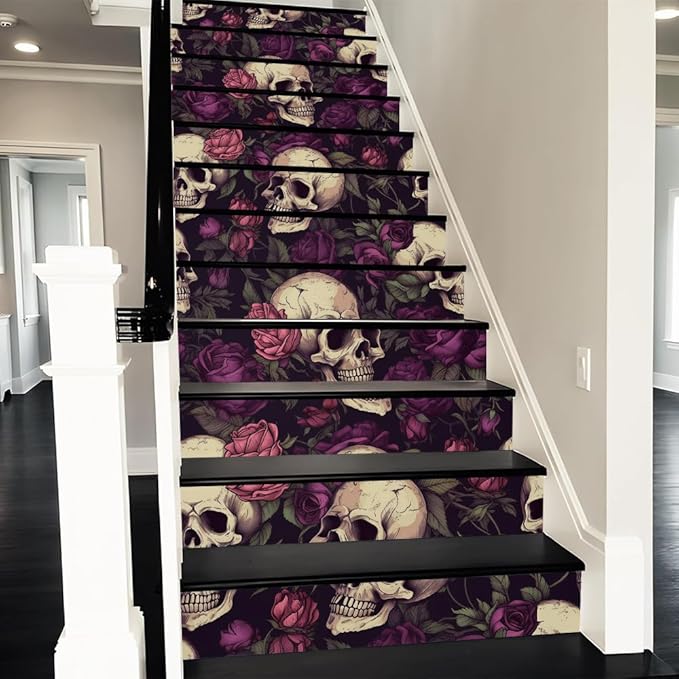 REDAMANCY Vintage Purple Rose Floral Skull Gothic Peel and Stick Vinyl Stair Riser Decals Staircase Tile Stickers Decor Modern Marble Decoration Self-Adhesive(14 Pcs)