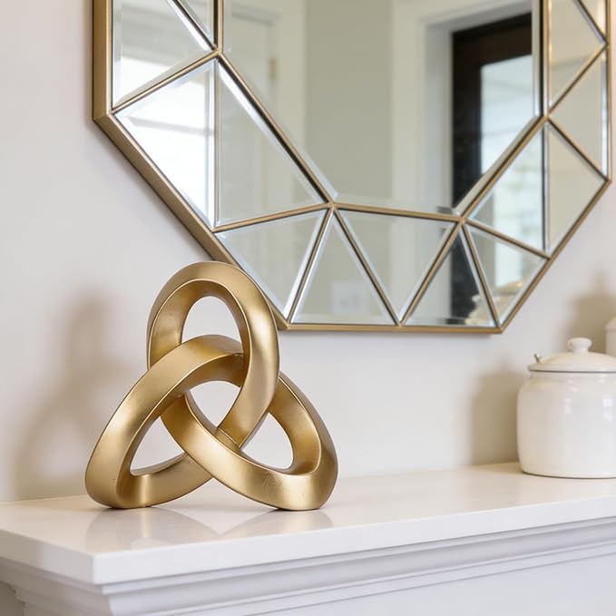Modern Gold Knot Sculpture Decor – Abstract Geometric Tabletop Statue for Coffee Table, Bookshelf & Mantel, Contemporary Gold Decorative Accent for Living Room