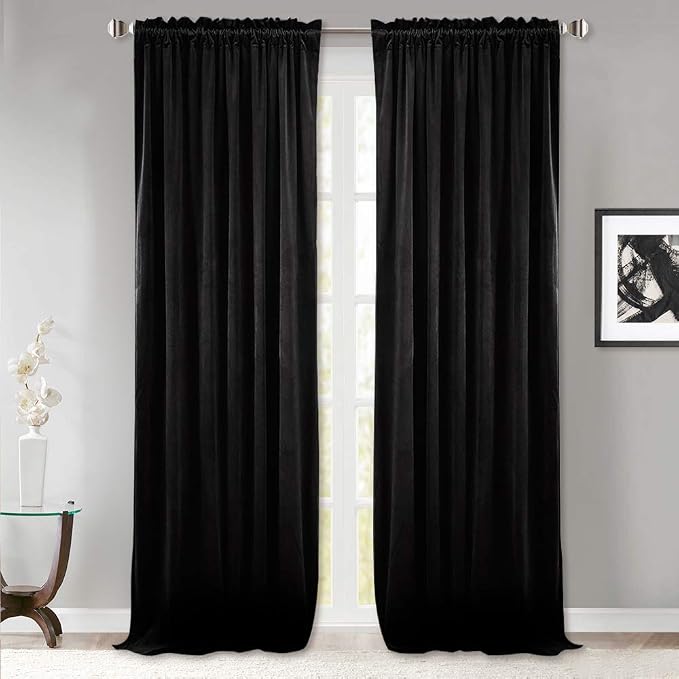 StangH Black Velvet Blackout Thermal Insulated Curtains 96 inches, 2 Panels | 300GSM Heavy Soft Velvet, Noise Reducing, Energy Smart Repel Summer Hot & Winter Cold, Privacy, Halloween Decor, Living Room