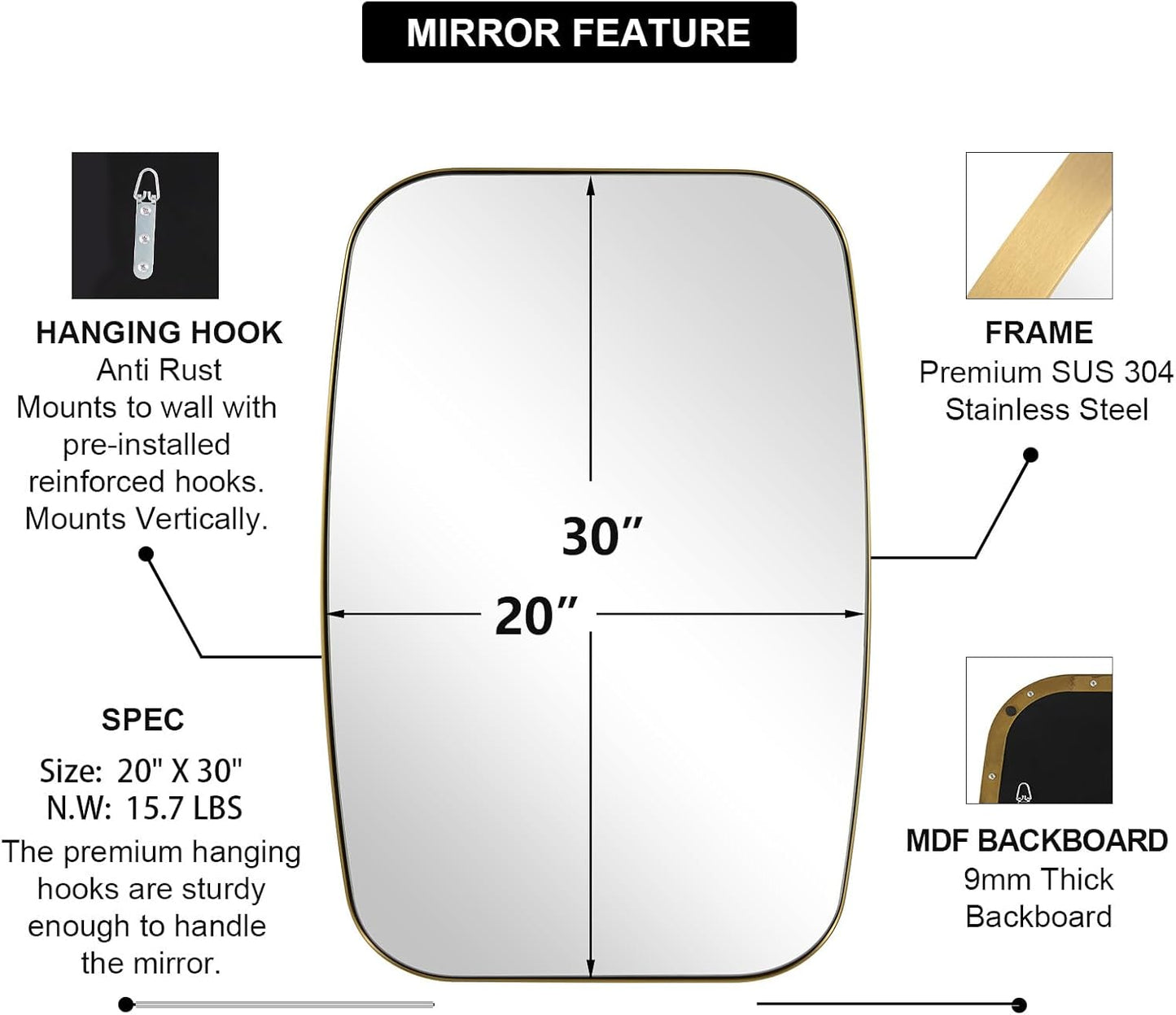 ANDY STAR Gold Bathroom Mirror, 20x30’’ Brushed Gold Vanity Mirror for Bathroom, Brushed Brass Oblong Stainless Steel Metal Frame Mirror for Over Sink