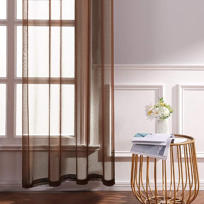 MIULEE 2 Panels Chocolate Brown Semi Sheer Window Curtains Elegant Grommet Top Window Voile Drapes/Treatment Linen Textured Panels for Bedroom Living Room (54X63 Inches Dark Brown)