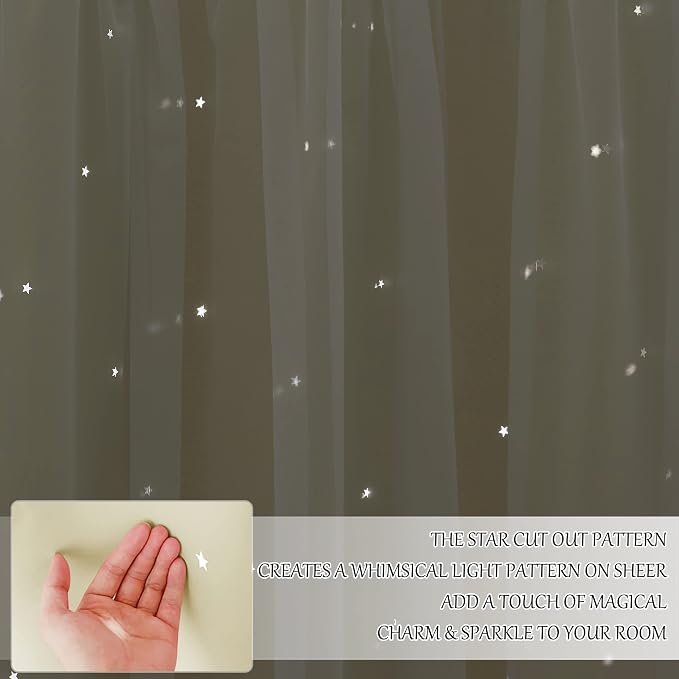 NICETOWN Baby Star Blackout Curtains with Sheer 84 Inches Long, Thermal Insulated Double Layer Room Darkening Curtains for Bedroom, Living Room, Nursery, 2 Panels, 52W x 84L, Light Beige
