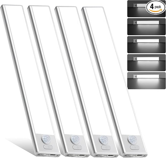 14inch Under Cabinet Lighting, 4 Pack Rechargeable Motion Sensor Light Indoor, Wireless Dimmable Magnetic Closet Lights, 58 LED Under Counter Lights for Kitchen, Wardrobe, Stairs, White Light