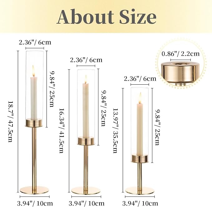 Hewory Gold Candle Holders, 3Pcs Hurricane Candlestick Holders with Glass Candle Cover for Wedding Table Centerpiece Christmas Decor