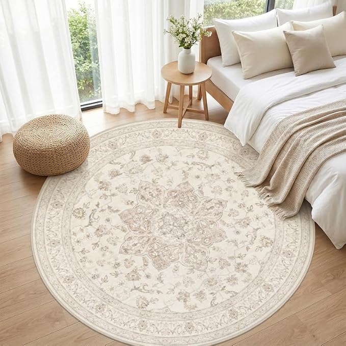 Round Area Rug for Living Room: 6ft Vintage Boho Neutral Washable Circle Rug Soft Large Circular Carpet for Bedroom Nursery Farmhouse Dining Room Office Floor Non-Slip Low Pile Under Table Beige White
