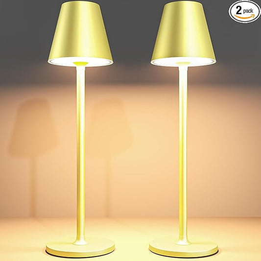 Timjorman 2-Pack Cordless Table Lamps - 5000mAh Rechargeable Battery Operated Desk Lamp, 3-Level Dimmable LED Night Light for Bedroom, Dining, Restaurant - Metal Design (Champagne Gold 2Pack)
