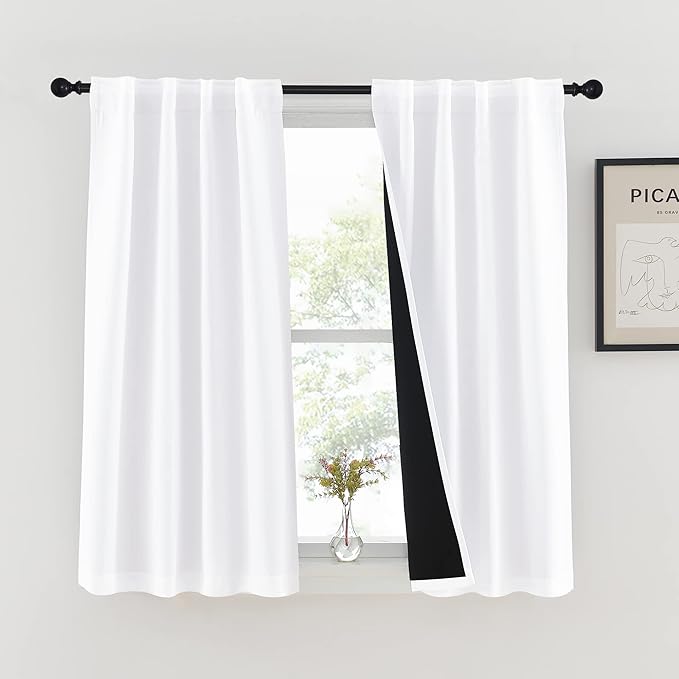 NICETOWN 100% Blackout Kitchen Curtain Panels, Cold and Full Light Blocking Drapes with Black Liner, 54 Inches Drop Thermal Insulated Draperies for Kitchen (White, 2 Pieces, 37 inches Wide Each Panel)
