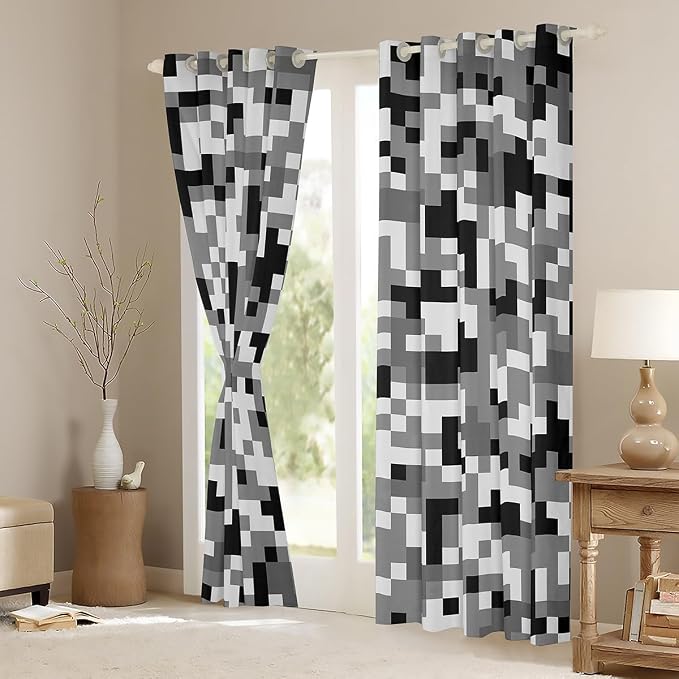Castle Fairy Grey Black Camo Window Curtain,Geometric Pixelated Themed Bedroom Decor Curtains,Kids Teens Modern Camouflage Window Treatment Video Games Blackout Drapes 2 Panels,52Wx90L
