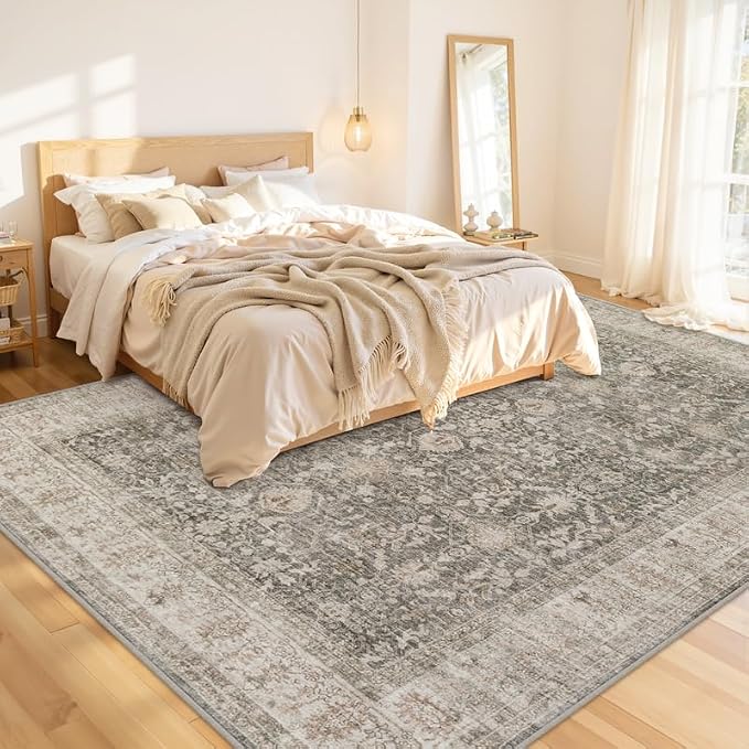 10x14 Area Rug for Living Room: Vintage Boho Neutral Washable Rug Indoor Soft Large Area Rug Carpet for Bedroom Nursery Farmhouse Dining Room Office Floor Non-Slip Low Pile Under Table Rug Warm Taupe